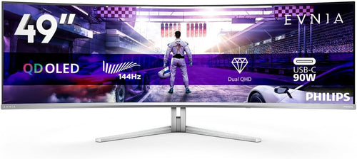 Philips Evnia 49M2C8900L - 49 Inch DQHD OLED Curved Gaming Monitor, 144 Hertz, 0.03ms GtG, HDR400, Ambiglow, FreeSync Prem. Pro (5120x1440, HDMI 2.1, DisplayPort 1.4, USB-C, USB Hub) White