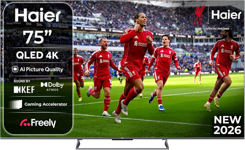 Haier 75" QLED S90GUF Smart TV with Fire TV, Freely, AI Picture Quality, Sound by KEF, Dolby Atmos, MEMC, Gaming Accelerator, Bluetooth, HDMI 2.1