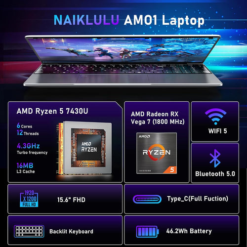 NAIKLULU AM01 15.6" FHD Gaming Laptop Ryzen 5 7430U 16GB RAM 1TB SSD